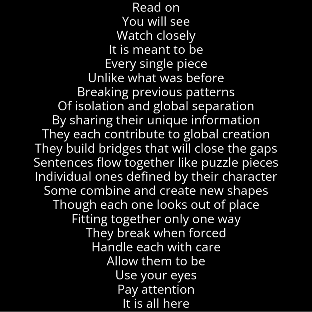 A poem titled "Another Piece" that reads as follows: Read on You will see Watch closely It is meant to be Every single piece Unlike what was before Breaking previous patterns Of isolation and global separation By sharing their unique information They each contribute to global creation They build bridges that will close the gaps Sentences flow together like puzzle pieces Individual ones defined by their character Some combine and create new shapes Though each one looks out of place Fitting together only one way They break when forced Handle each with care Allow them to be Use your eyes Pay attention It is all here