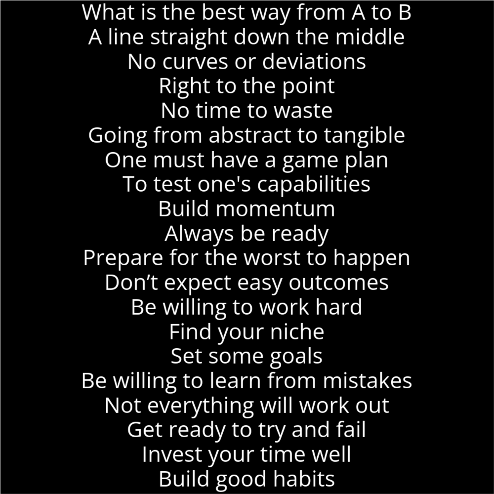 A poem resembling plates stacking up. It reads as follows: What is the best way from A to B A line straight down the middle No curves or deviations Right to the point No time to waste Going from abstract to tangible One must have a game plan To test one's capabilities Build momentum Always be ready Prepare for the worst to happen Don’t expect easy outcomes Be willing to work hard Find your niche Set some goals Be willing to learn from mistakes Not everything will work out Get ready to try and fail Invest your time well Build good habits