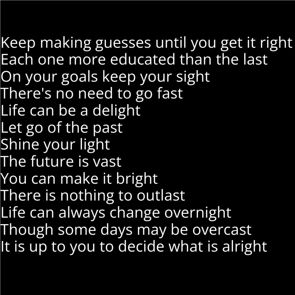 A poem in the shape of a bookmark computer icon. it reads as follows: Keep making guesses until you get it right Each one more educated than the last On your goals keep your sight There's no need to go fast Life can be a delight Let go of the past Shine your light The future is vast You can make it bright There is nothing to outlast Life can always change overnight Though some days may be overcast It is up to you to decide what is alright