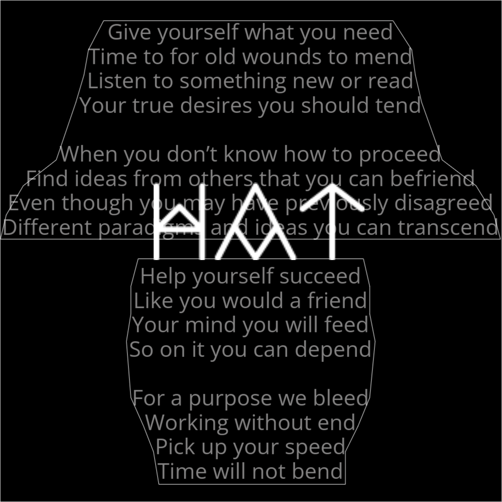 A poem resembling a person's head with a hat on. It reads as follows: Give yourself what you need Time to for old wounds to mend Listen to something new or read Your true desires you should tend When you don’t know how to proceed Find ideas from others that you can befriend Even though you may have previously disagreed Different paradigms and ideas you can transcend Help yourself succeed Like you would a friend Your mind you will feed So on it you can depend For a purpose we bleed Working without end Pick up your speed Time will not bend The word "Hat" is written in a geometric font on top of the outlined words.