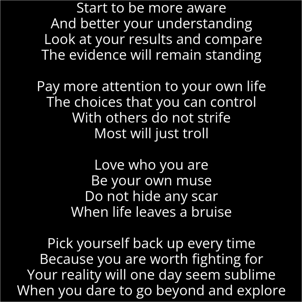 A poem in the shape of a chess pawn that reads as follows: Start to be more aware And better your understanding Look at your results and compare The evidence will remain standing Pay more attention to your own life The choices that you can control With others do not strife Most will just troll Love who you are Be your own muse Do not hide any scar When life leaves a bruise Pick yourself back up every time Because you are worth fighting for Your reality will one day seem sublime When you dare to go beyond and explore