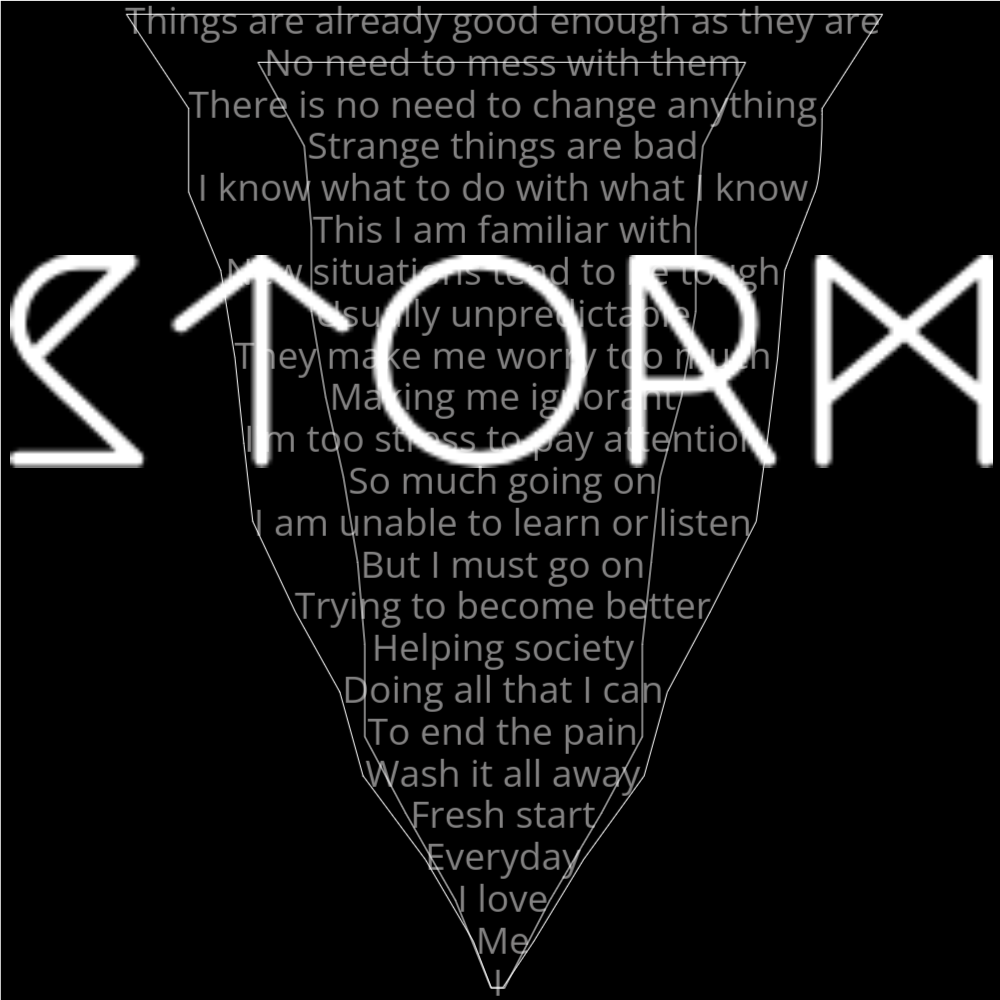 A poem in the shape of a tornado or hurricane. IT reads as follows: Things are already good enough as they are No need to mess with them There is no need to change anything Strange things are bad I know what to do with what I know This I am familiar with New situations tend to be tough Usually unpredictable They make me worry too much Making me ignorant I'm too stress to pay attention So much going on I am unable to learn or listen But I must go on Trying to become better Helping society Doing all that I can To end the pain Wash it all away Fresh start Everyday I love Me I The word "Storm" is written in a geometric font on top of the outlined words.