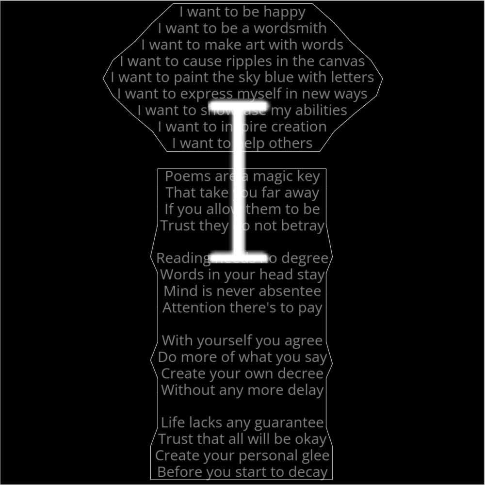 A poem resembling a stick with a circle on top. It reads as follows: I want to be happy I want to be a wordsmith I want to make art with words I want to cause ripples in the canvas I want to paint the sky blue with letters I want to express myself in new ways I want to showcase my abilities I want to inspire creation I want to help others Poems are a magic key That take you far away If you allow them to be Trust they do not betray Reading needs no degree Words in your head stay Mind is never absentee Attention there's to pay With yourself you agree Do more of what you say Create your own decree Without any more delay Life lacks any guarantee Trust that all will be okay Create your personal glee Before you start to decay The letter "i" is written in a geometric font on top of the outlined words.