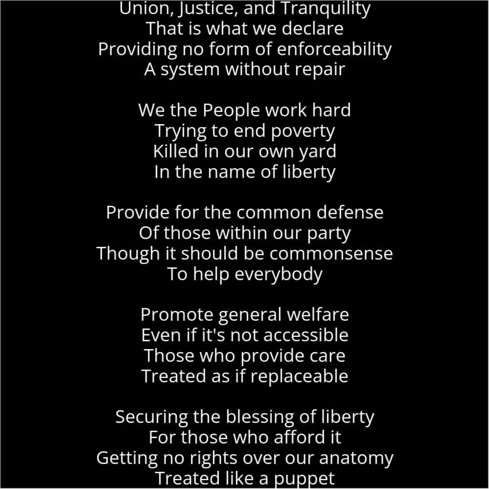 A poem titled "Big Picture" with five stanzas. Stanzas 1, 3 and 5 have the same shape. Stanzas 2 and 4 have the same shape. It reads as follows: Union, Justice, and Tranquility That is what we declare Providing no form of enforceability A system without repair We the People work hard Trying to end poverty Killed in our own yard In the name of liberty Provide for the common defense Of those within our party Though it should be commonsense To help everybody Promote general welfare Even if it's not accessible Those who provide care Treated as if replaceable Securing the blessing of liberty For those who afford it Getting no rights over our anatomy Treated like a puppet