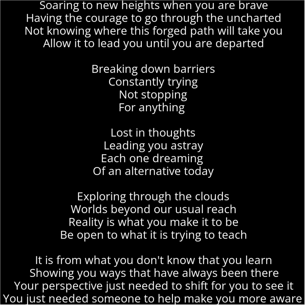 A poem in the shape of a volcano erupting. It reads as follows: Soaring to new heights when you are brave Having the courage to go through the uncharted Not knowing where this forged path will take you Allow it to lead you until you are departed Breaking down barriers Constantly trying Not stopping For anything Lost in thoughts Leading you astray Each one dreaming Of an alternative today Exploring through the clouds Worlds beyond our usual reach Reality is what you make it to be Be open to what it is trying to teach It is from what you don't know that you learn Showing you ways that have always been there Your perspective just needed to shift for you to see it You just needed someone to help make you more aware