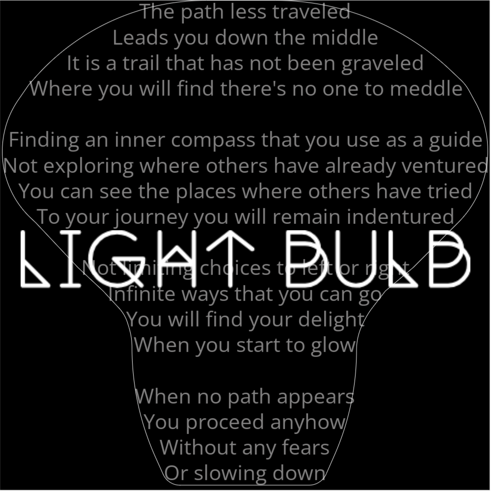 A poem in the shape of a light bulb that reads as follows: The path less traveled Leads you down the middle It is a trail that has not been graveled Where you will find there's no one to meddle Finding an inner compass that you use as a guide Not exploring where others have already ventured You can see the places where others have tried To your journey you will remain indentured Not limiting choices to left or right Infinite ways that you can go You will find your delight When you start to glow When no path appears You proceed anyhow Without any fears Or slowing down The words "Light Bulb" are written in a geometric font on top of the outlined words.