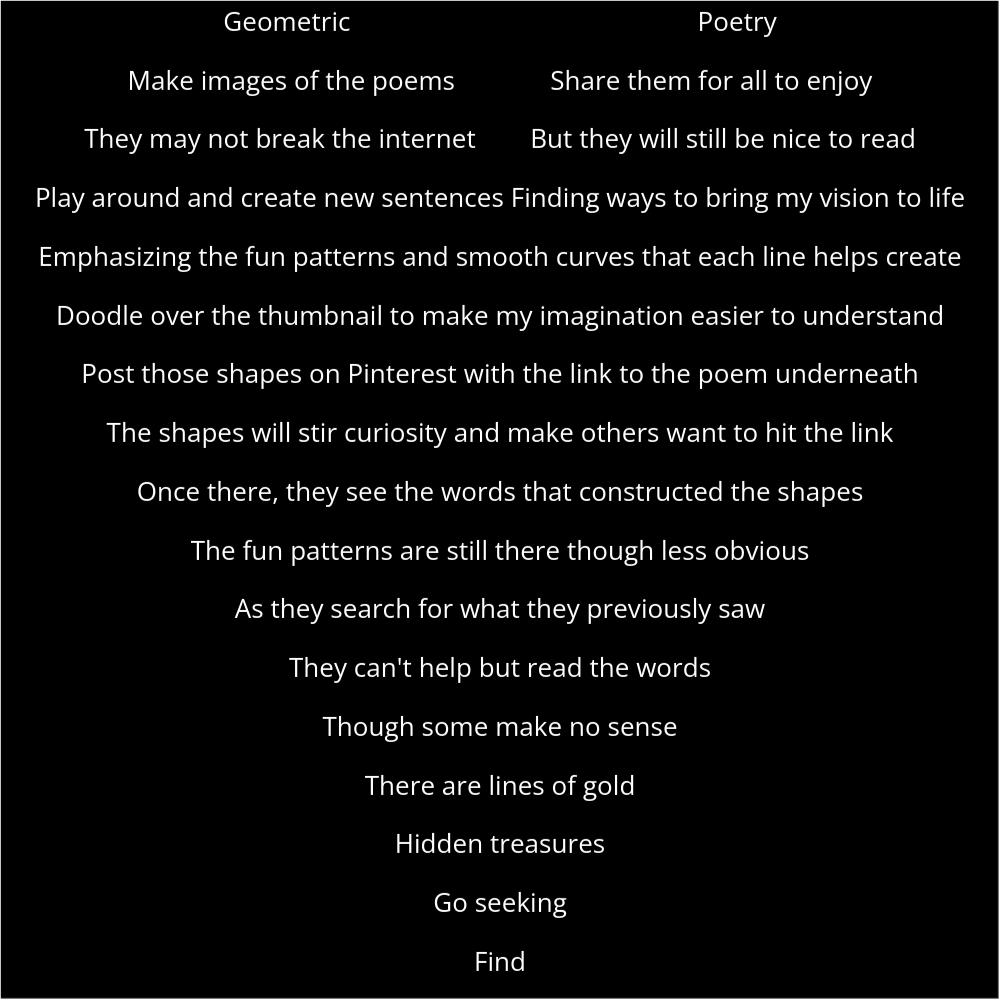 A poem about purpose in the shape of a hear that reads as follows: Geometric Poetry Make images of the poems Share them for all to enjoy They may not break the internet But they will still be nice to read Play around and create new sentences Finding ways to bring my vision to life Emphasizing the fun patterns and smooth curves that each line helps create Doodle over the thumbnail to make my imagination easier to understand Post those shapes on Pinterest with the link to the poem underneath The shapes will stir curiosity and make others want to hit the link Once there, they see the words that constructed the shapes The fun patterns are still there though less obvious As they search for what they previously saw They can't help but read the words Though some make no sense There are lines of gold Hidden treasures Go seeking Find