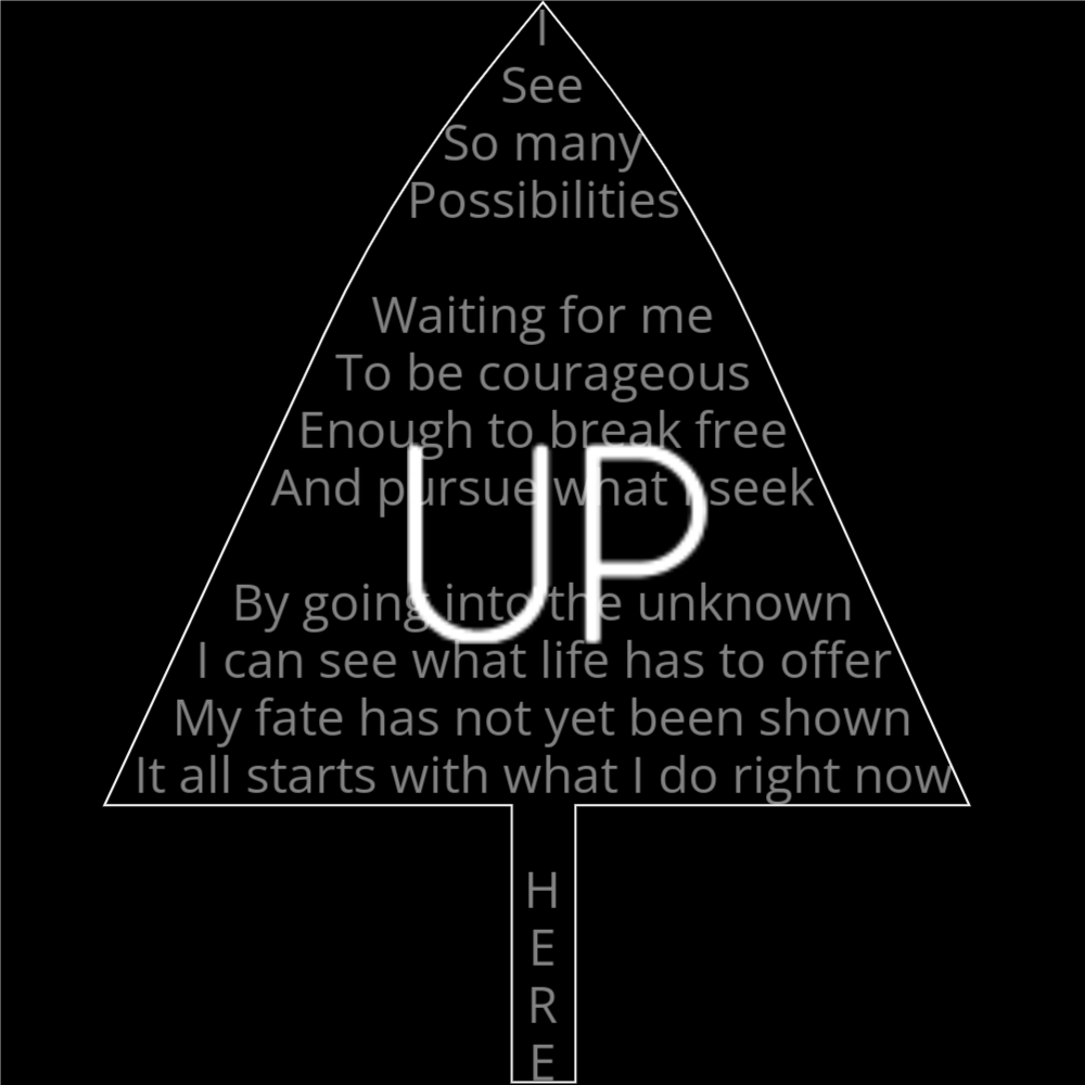 A poem titled "Up" in the shape of an arrow that reads" I See So many Possibilities Waiting for me To be courageous Enough to break free And pursue what I seek By going into the unknown I can see what life has to offer My fate has not yet been shown It all starts with what I do right now H E R E